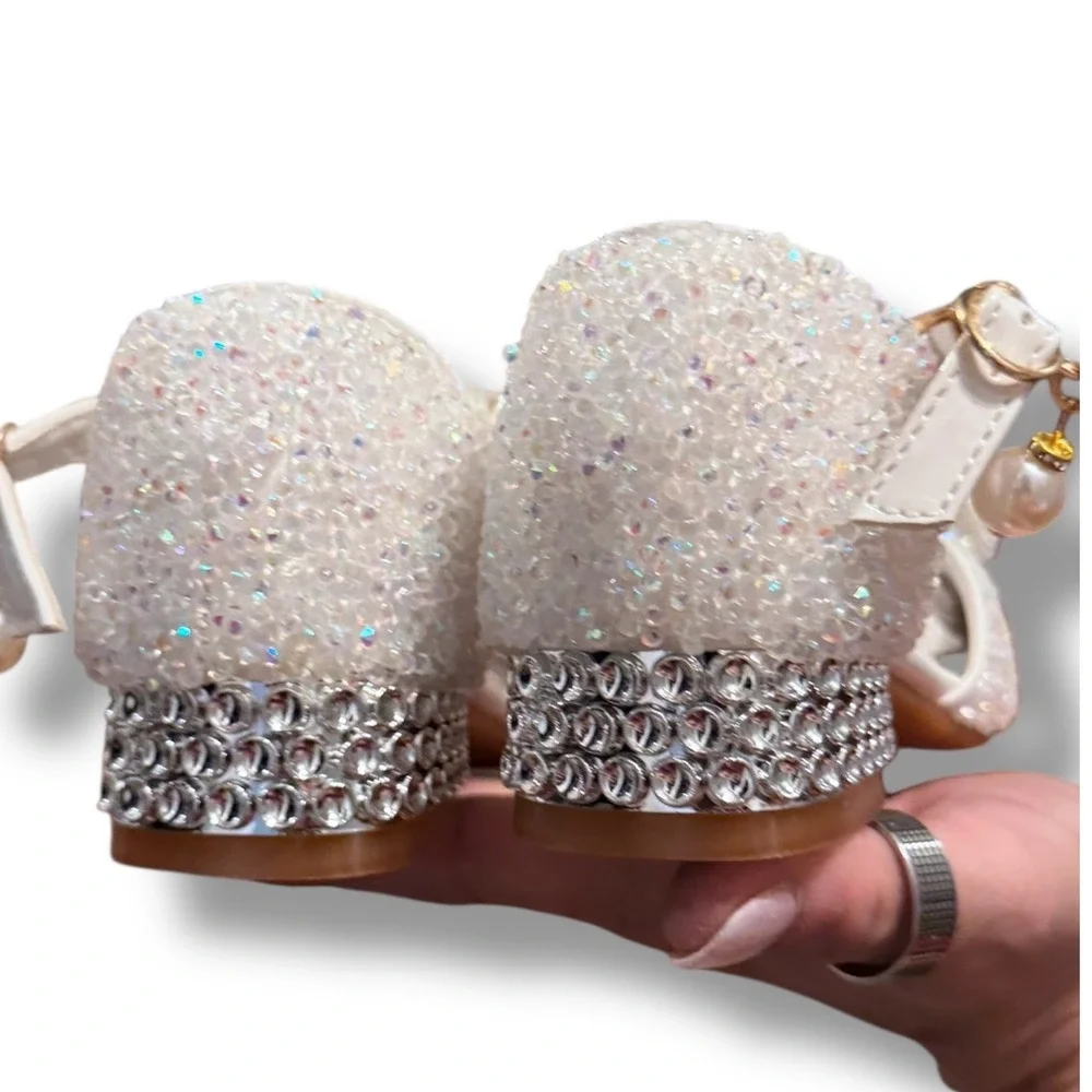 NIB SaiBeiji Kids Girls White Sparkle Bow Pearl Strap Dress Shoes Sz 11.5